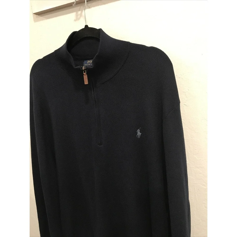 Polo Ralph Lauren Mens Sweater 1/4 Zip XXL Blue Pima Long Sleeve Blue Pony Golf